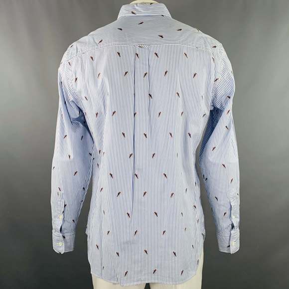 ZEGNA Blue White Stripe Cotton One Pocket Long Sleeve Shirt - Picture 4 of 7